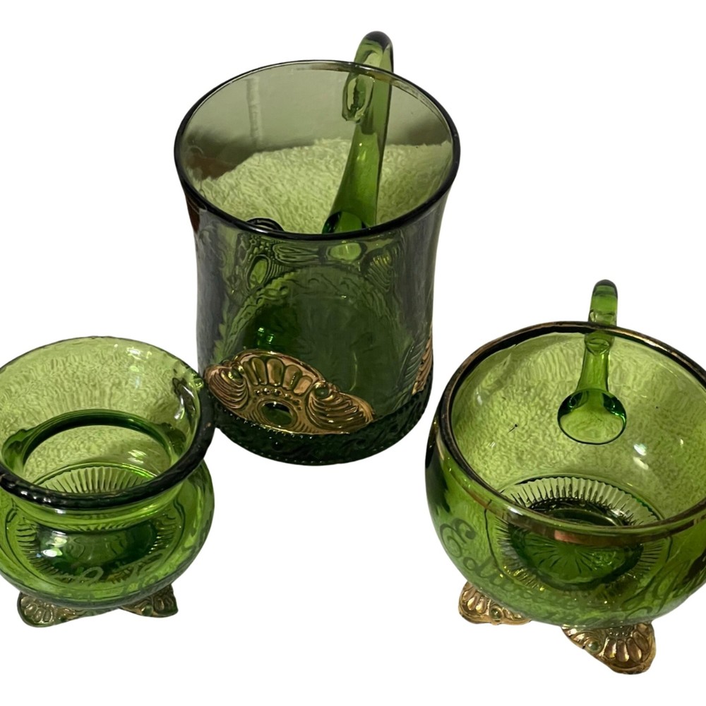 SET OF 3 GLASS SOUVENIR FESTIVAL ETCHED GREEN GLASSES 1850-1914 RANGE